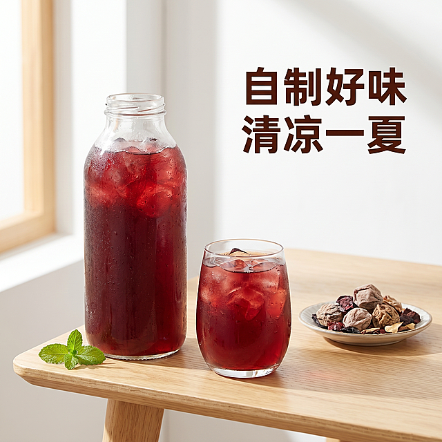 [主图-4] 古法酸梅汤饮用场景图，展示夏日清爽体验，提升代入感。[氛围风格] 夏日清爽风，休闲自然，生活氛围感。[画质] 商业摄影质感，光线明亮通透，画面干净高级。[元素] 浅色木纹桌面，玻璃瓶装古法酸梅汤搭配一杯倒出的冰酸梅汤，旁边放一小碟原料，桌角点缀一片新鲜薄荷叶，整体场景休闲自然。保持酸梅汤产品颜色和质感与输入图片一致，杜绝变形色差，精细化处理。商品主体占比约65%，画面满屏无边框。[光影] 夏日窗边自然光，明亮柔和，有光影层次感，整体通透凉爽。[配色] 浅木色+浅白色背景，酸梅汤深红色突出，绿色薄荷叶点缀，整体清爽干净。[视角构图] 略微俯视，日常拍摄视角，景深适中，主体突出，前景后景层次分明。[文字版式] 右上负空间放置文案 "自制好味 清凉一夏"，深棕色粗体大字，右对齐放置，不遮挡主体饮品。[比例分辨率] 1:1 比例，2k分辨率，文字清晰可辨，超高清。[负向提示词] 变形，水印，文字错乱，产品图模糊，背景杂乱，牛皮癣，配色刺眼，遮挡主体，绝对化违禁词，价格信息。