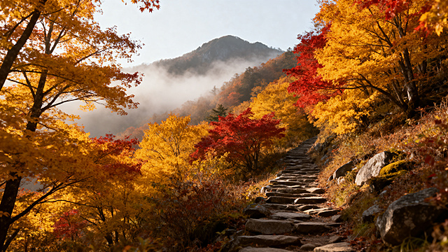 秋季横屏户外徒步背景图，漫山金黄红枫树林，山间石阶徒步小径，晨雾笼罩远山，暖色调秋日氛围，画面上方留空适合放标题，16:9横屏构图，4K高清