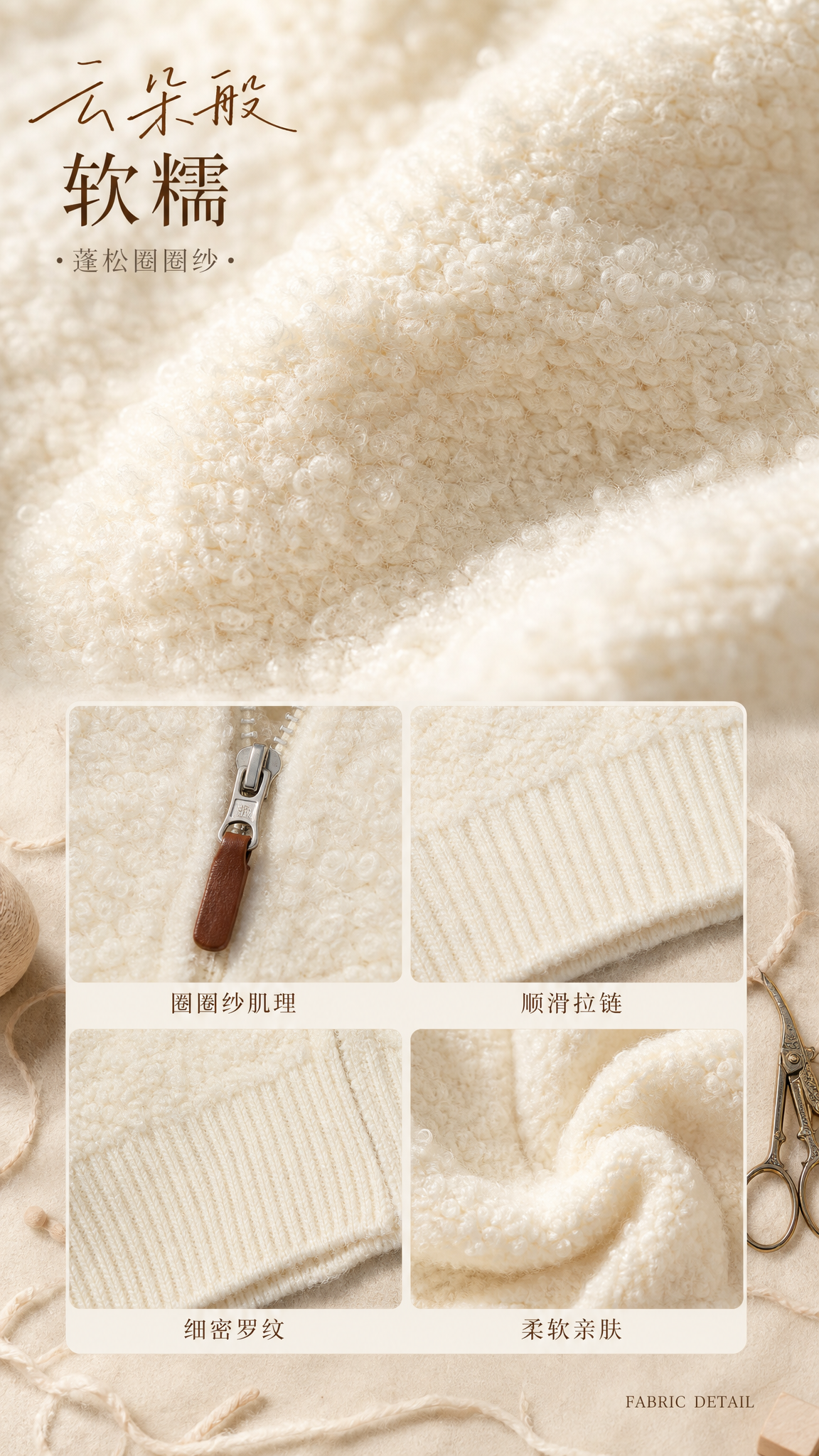 [第4张] 面料工艺细节页-奶白色立领拉链针织开衫外套。本张使… - 图片创意预览