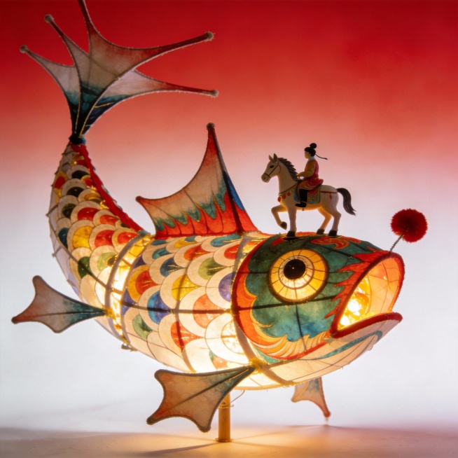 画面中心大的非遗布艺油纸的鱼灯，细腻清晰纹理，内部发光，无限细节，明暗对比，独特形状，大师级设计，美观，独特的美学、不对称的设计、高饱和度红色和白色渐变背景， 对每个结构细节的详细描绘，细腻清晰的纹理预览效果