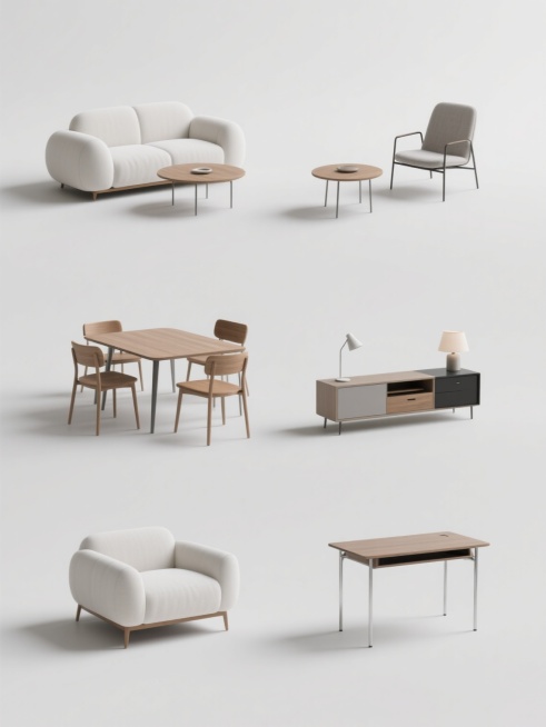 6个规整排布的现代简约风格家具素材，每个素材均以纯白色纯色背景呈现，无任何文字、logo及水印。整体保持简约现代设计感，3D渲染质感，柔和均匀的光源，细腻的材质表现。包含不同类型的现代简约家具，如圆润造型的白色布艺沙发搭配木质茶几组合、线条简洁的原木色餐桌椅套装、设计感十足的金属框架与布艺结合的单人休闲椅、带有储物功能的简约电视柜、造型利落的床头柜与台灯组合、以及展现轻盈感的金属腿书桌等。每件……预览效果