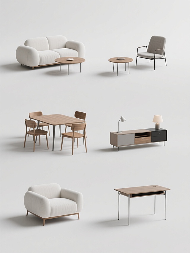 6个规整排布的现代简约风格家具素材，每个素材均以纯白色纯色背景呈现，无任何文字、logo及水印。整体保持简约现代设计感，3D渲染质感，柔和均匀的光源，细腻的材质表现。包含不同类型的现代简约家具，如圆润造型的白色布艺沙发搭配木质茶几组合、线条简洁的原木色餐桌椅套装、设计感十足的金属框架与布艺结合的单人休闲椅、带有储物功能的简约电视柜、造型利落的床头柜与台灯组合、以及展现轻盈感的金属腿书桌等。每件家具注重材质的真实纹理（如布艺的柔软肌理、木材的自然木纹、金属的细腻光泽），色彩以中性色调（白色、原木色、浅灰色、黑色金属色）为主，营造干净、舒适、高级的现代家居氛围，构图平衡，视觉层级清晰，信息传达直接，符合现代家居产品展示的设计感和审美需求。