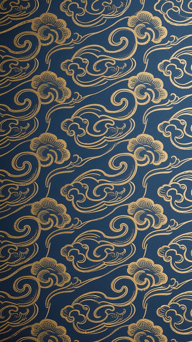 传统中国风纹样图案，以流畅的曲线构成连续的云纹图案，采用深蓝色与金色为主色调，纹样呈现出细腻的层次感和对称美感，整体风格典雅庄重，具有浓郁的东方美学韵味，图案无缝循环排列，适合作为背景装饰使用。