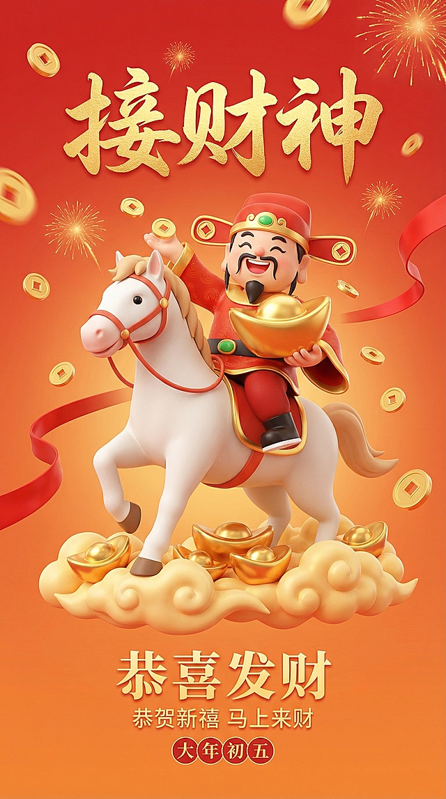 软3D国潮风，卡通财神骑马捧金，鎏金浮雕质感，喜庆红金配色，云朵金锭环绕，节日氛围浓厚，大年初五接财神。