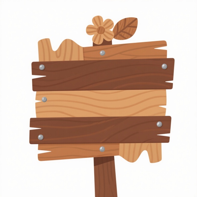 一个带有变换样式的木牌，保持原木牌的木板拼接结构和木质纹理特征，采用更具设计感的木板形状拼接，例如波浪形边缘或不规则几何切割，木牌顶部装饰简约的树叶或花朵木质雕刻，木牌表面呈现深浅不一的自然木纹渐变色彩，搭配金属质感的装饰性钉子固定木板，整体风格为扁平化卡通设计，白色背景，突出木牌主体的清新自然感与创意造型。预览效果