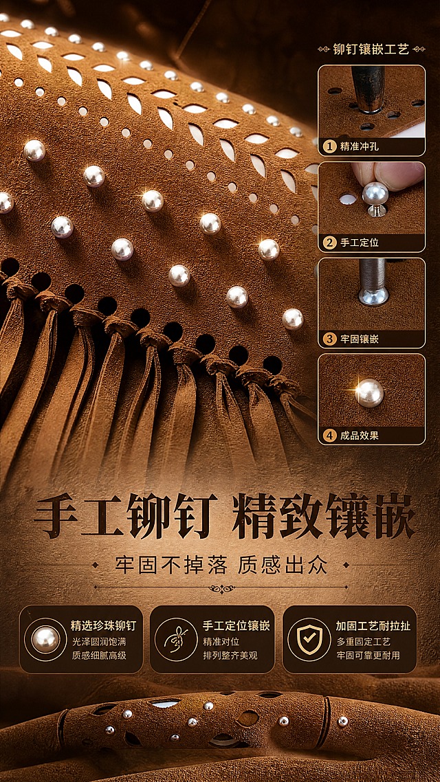 [商品] 使用【图4】【图5】焦糖棕麂皮绒铆钉三角披肩铆钉细节；商品处理：保留珍珠铆钉的圆形、光泽感、排列间距与数量；增强铆钉金属/珍珠光泽，突出镶嵌牢固度，不改变铆钉布局。
[画面] 目标：展示铆钉工艺细节，凸显手工质感与品质。构图：竖版9:16，上半部分为铆钉微距特写，占画面55%，清晰展示铆钉质感与排列；旁边小图展示铆钉镶嵌工艺过程。背景：深棕绒面背景，聚光灯打亮铆钉形成高光点，凸显金属/珍珠质感。
[视觉] 套系策略：风格=1688工厂风+复古波西米亚商业摄影；标题字=粗衬线体，复古厚重；正文字=简洁无衬线体；主色=焦糖棕；背景延展=基于焦糖棕做深浅层级、同色渐变和细腻麂皮绒/纸张质感；强调色=古铜金，仅用于小面积图标、引线、标签和铆钉高光；标题色=深棕；正文色=暖灰棕；组件=圆角棕底信息卡、细金线引线、铆钉装饰元素；光影=多点聚光打亮铆钉，形成明亮高光点，突出立体质感。
[文字] 主标题"手工铆钉 精致镶嵌"，副标题"牢固不掉落 质感出众"，3个工艺点：精选珍珠铆钉、手工定位镶嵌、加固工艺耐拉扯；文字位于画面下半部，横向排版。
[规格] 图片比例9:16竖版，4K，避免变形、错字、文字过小、冷蓝背景、颜色改变、版型失真、绝对化用语。