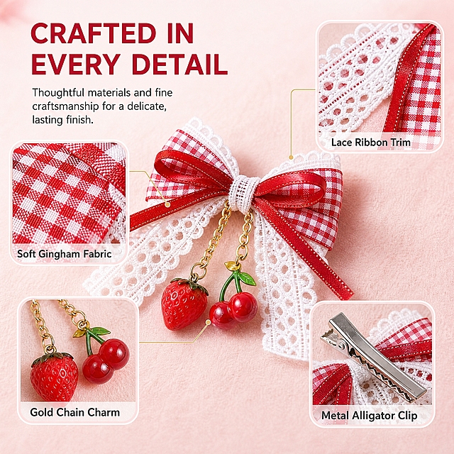 [主图-4] 商品名称 8 Pcs Red Gingham Bow Hair Clips with Cherry & Strawberry Charms, Lace Ribbon Hair Accessories。唯一任务：材质与结构细节微距图。
[统一基调] 背景主色柔粉奶白到浅粉，主标题统一现代几何无衬线粗体深樱桃红，辅助文字同族无衬线中黑深灰，强调色浅金与纯白，组件统一白色半透明圆角卡片配浅粉细描边与浅金细引线，全套只用这一套字体与色阶。
[画面] 浅粉绒布纹理背景，中央斜放一件红白格纹草莓吊坠发夹作为主视觉，视角为微距近景正侧面，与前三张视角明显区分；四周分布 4 个圆角方形放大框，浅粉细描边，分别放大并标注英文 Soft Gingham Fabric 格纹布织纹、Lace Ribbon Trim 白色蕾丝镂空缎带与红色缎带中结边缘、Gold Chain Charm 金色细链条与立体草莓及樱桃吊坠的亮面质感、Metal Alligator Clip 背面银色金属鳄鱼夹的夹齿与弹簧结构。放大框内画面必须与主产品同一件、同色同料，放大框带英文名称标注。产品外观结构材质颜色与输入图完全一致，链条自然垂落。
[光影质感] 影棚柔光配微距质感，布料纤维、蕾丝镂空、缎面反光与金属高光层次清晰，有轻微接触影。
[配色] 沿用统一基调，浅粉背景配白色半透明卡片，底色复杂处用轻微半透明白底提高可读性，不用厚重色块底板。
[文字版式] 左上主标题英文 CRAFTED IN EVERY DETAIL，辅助说明统一小一号深灰，同一字体外观仅字号层级不同，不拉伸压扁。
[输出要求] 1:1 方形 2048x2048，材质细节真实，文字清晰。负向：产品变形、色差、模糊、错字、中文文字、水印、平台 Logo、装饰边框。