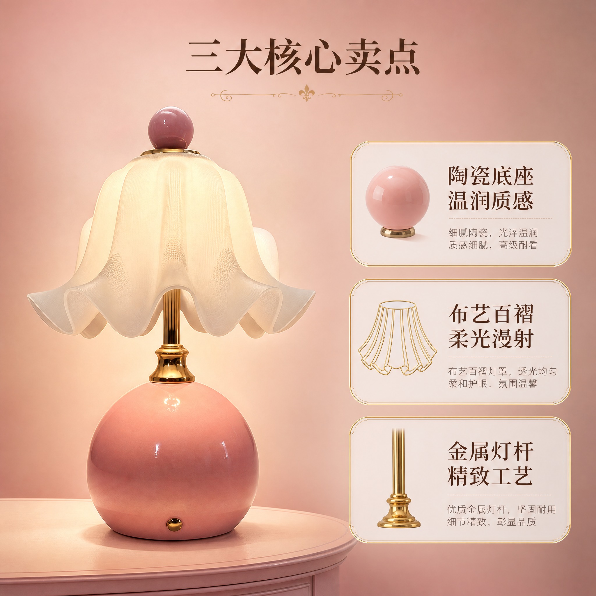 [主图-2] 粉色陶瓷百褶灯罩床头台灯 核心卖点信息图 [统一… - 图片创意预览