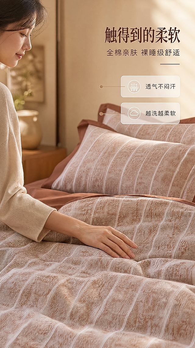 [商品] 使用【图1】全棉色织提花四件套，焦糖棕白条纹款；商品处理：保留条纹图案、焦糖棕配色、AB双面结构；自然理顺褶皱，增强棉麻纹理质感，不改变版型和颜色。
[画面] 目标：使用体验展示，传递亲肤舒适的睡眠感受。构图：人物侧坐在床边，手轻轻抚摸被套面料，脸部放松微笑（只露出侧脸和手部，不拍全脸），床品占据画面主要部分。景别：中景。阅读动线：从右到左，左侧人物+右侧留白放文案。前中后景：前景床品肌理、中景人物手部动作、后景暖调卧室背景虚化。场景：午后卧室，暖光从窗边洒入，营造慵懒舒适氛围。
[视觉] 套系策略：风格=侘寂风暖调高级家居商业摄影；标题字=现代简约宋体粗体；正文字=简洁无衬线体；主色=焦糖棕；背景延展=基于焦糖棕做深浅层级、同色渐变和细腻织物/墙面质感；强调色=奶白色，仅用于小面积图标、引线和标签；标题色=深焦糖棕；正文色=暖棕灰；组件=圆角浅底信息卡、细线引线、圆点装饰；光影=右侧暖自然光，柔和漫射。
[文字] 右侧主标题「触得到的柔软」，副标题「全棉亲肤 裸睡级舒适」，下方2个体验点：透气不闷汗、越洗越柔软；文字不遮挡人物和床品主体。
[规格] 图片比例9:16竖版，4K分辨率，quality=medium，避免变形、错字、文字过小、冷蓝背景、颜色改变、极限词。亚洲女性侧脸和手部。