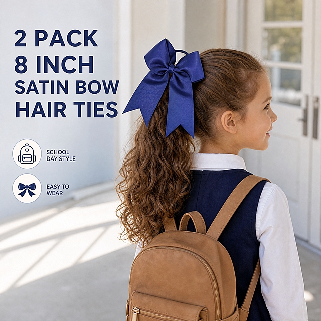 [主图-5] 商品名称：2 Pack 8 Inch Navy Blue Satin Bow Hair Ties（2个装 8英寸深蓝色缎面蝴蝶结发圈）。主题与唯一任务：日常上学场景的侧后方佩戴视角图，用背面视角展示蝴蝶结在马尾上的固定结构，与前一张正面佩戴图拉开视角与场景差异；人物仍为同一位生成模特。
[统一基调] 整套 Amazon 主图统一视觉：干净高级的儿童发饰 listing infographic；浅雾蓝灰到白的柔和渐变背景、深海军蓝与柔和香槟金点缀、深海军蓝图标题、中灰蓝说明字、无衬线几何字体、圆角白卡片配细蓝描边组件、柔和影棚柔光与自然光结合的柔和光质。
[画面] 阳光明亮的校园走廊与浅色校门，背景简洁不杂乱；同一位 6 岁欧美小女孩，深棕色自然卷长发扎成高马尾，深海军蓝缎面蝴蝶结位于画面上部视觉中心，侧后方视角可见蝴蝶结四环与下垂燕尾的背面形态、结扣与弹性发圈在发根处的真实固定关系；她背着浅棕色小双肩书包，穿白色衬衫与深蓝色学院风背心裙，回眸微笑只露侧脸轮廓；人物位于画面右侧三分线，左侧留出文字留白区，蝴蝶结结构与颜色与输入产品图一致。
[光影质感] 自然日光加柔和补光，发丝与缎面反光细腻，人物与墙面之间保留自然投影，不悬浮不硬切。
[配色] 沿用统一浅雾蓝灰与白基调，环境只作浅灰墙面与浅木色环境色，蝴蝶结深海军蓝为画面重点色。
[文字版式] 主标题 2 PACK 8 INCH SATIN BOW HAIR TIES 置于左侧留白区，深海军蓝全大写加粗；副标签 SCHOOL DAY STYLE 与 EASY TO WEAR 小号横排，字号比标题小 50% 以上，不遮挡蝴蝶结与人物；负向：不得出现中文、不得出现亚洲或成人面孔、不得出现暴露服装。
[输出要求] 1:1 方图，人物与产品清晰、结构不变形；负向：中文、多余手指、畸形手、面部扭曲、肢体穿模、模糊、水印、平台 Logo、顶边裁切。