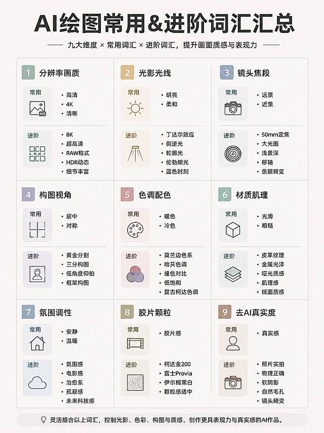 竖版AI绘图常用&进阶词汇汇总图，风格为现代百科书页生活方式知识卡，社交媒体高传播信息图，商务知识海报风格，低饱和度莫兰迪配色，扁平化设计，干净高级，无多余装饰，高清，排版整齐分区，线条分割，字体使用简约黑体，信息清晰。分九大维度整齐排版：
1.分辨率画质：常用（高清、4K、清晰）进阶（8K、超高清、RAW格式、HDR动态、细节丰富）
2.光影光线：常用（明亮、柔和）进阶（丁达尔效应、侧逆光、轮廓光、伦勃朗光、蓝色时刻）
3.镜头焦段：常用（远景、近景）进阶（50mm定焦、大光圈、浅景深、移轴、鱼眼畸变）
4.构图视角：常用（居中、对称）进阶（黄金分割、三分构图、低角度仰拍、框架构图）
5.色调配色：常用（暖色、冷色）进阶（莫兰迪色系、哈苏色调、撞色对比、低饱和、复古柯达色调）
6.材质肌理：常用（光滑、粗糙）进阶（皮革纹理、金属光泽、哑光质感、肌理感、绒面质感）
7.氛围调性：常用（安静、温暖）进阶（氛围感、电影感、治愈系、孤寂感、未来科技感）
8.胶片颗粒：常用（胶片感）进阶（柯达金200、富士Provia、伊尔福黑白、颗粒感适中）
9.去AI真实度：常用（真实感）进阶（照片实拍、物理正确、软阴影、自然毛孔、镜头畸变）