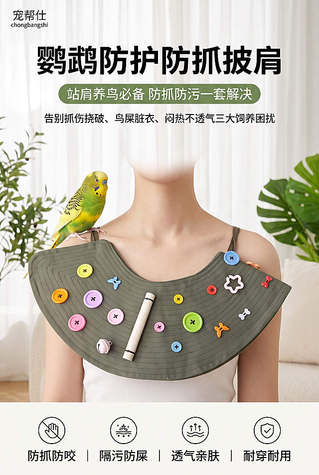 800×1200px 竖版电商详情首屏，左上角极小字标注「宠帮仕 chongbangshi」，背景为明亮简约居家客厅环境，白色纱帘 + 绿植软装营造柔和氛围感，与参考产品图面料质感完全一致；画面中下部模特上身佩戴产品，肩膀自然站立一只虎皮鹦鹉，姿态生动真实；竖版上下分层布局，顶部点明核心价值，中部产品人物为绝对视觉主体，底部提炼核心优势，版式适配竖版阅读节奏。中心人物产品主体构图，竖版上下信息递进，卖点清晰直观，营销冲击力强，产品占画面核心视觉位置，整体布局舒展均衡。文字排版：顶部居中加粗黑色超大主标题 "鹦鹉防护防抓披肩"，主标题下方圆角绿底副标题 "站肩养鸟必备 防抓防污一套解决"，主标题下方小字痛点总结 "告别抓伤挠破、鸟屎脏衣、闷热不透气三大饲养困扰"，画面底部横向四个小圆标卖点，均等排布：防抓防咬｜隔污防屎｜透气亲肤｜耐穿耐用。柔和居家暖调，军绿色披肩为主体配色，多彩纽扣点缀丰富层次，画面干净清爽，宠物用品电商实拍高级调性，8K 超清、300DPI 印刷精度、sRGB 色域，居家柔和无影柔光实拍，无生硬死硬阴影、无过曝、无噪点杂色颗粒，画面通透写实；文字矢量清晰工整，排版适配竖版比例，层级严格复刻原版式视觉逻辑。使用军绿色鹦鹉防护防抓披肩，表面装饰多彩异形纽扣、附带木质站杆、两侧系带可调节款式，禁止披肩版型扭曲变形、鹦鹉肢体畸形、文字排版重叠遮挡产品、浓重杂乱阴影、背景花哨杂乱、卡通手绘、3D 渲染、水印二维码、画面模糊发灰、比例失调、品牌文字缺失错位、皮肤抓伤流血画面。
