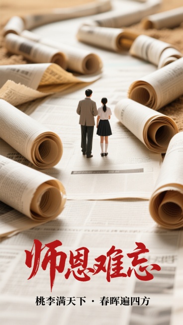 试卷卷曲成蜿蜒纸路，教师和两个学生（一个男生一个女生）在纸路中心（背影 ），复古棕黄 + 米白报纸色调；最下方红色雄浑书法大字“师恩难忘”，黑色小字“桃李满天下・春晖遍四方”预览效果