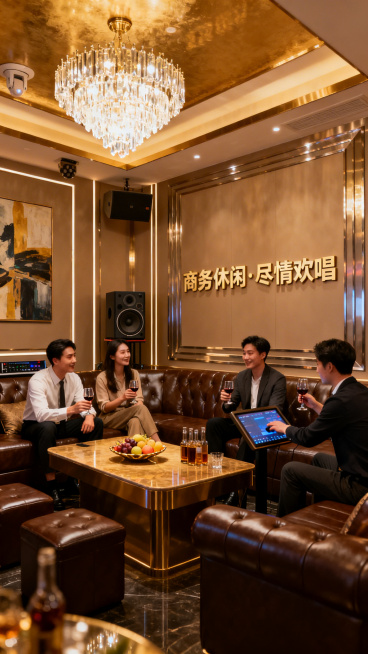商务KTV内部场景，装修高端大气，有精致的灯光、沙发、音响设备，画面中可以出现休闲娱乐的人物，可加入合适的装饰性文字，禁止出现联系方式、二维码、logo预览效果