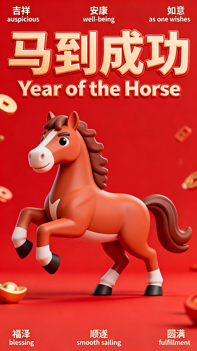 3D卡通马年新春祝福海报3