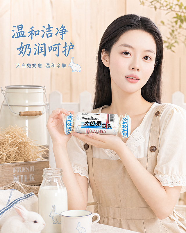 首图模特穿着牛奶牧场风格的衣服，手持大白兔奶皂产品进行展示，高清商业拍摄，温馨治愈风，浅木色牧场背景，柔和自然光，温暖生活氛围感
