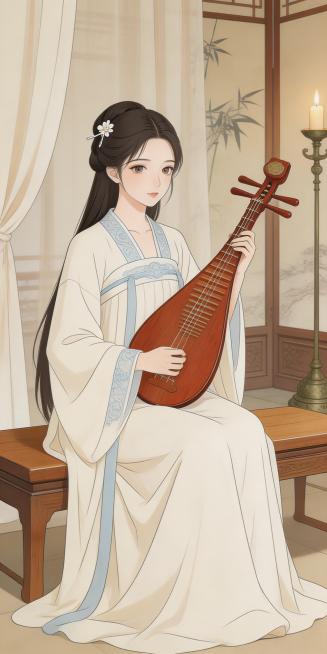17岁，清秀温婉，身着素雅襦裙，眼神纯净略带怯意，教坊司弹琵琶的艺伎，古风漫画人物全身形象图预览效果