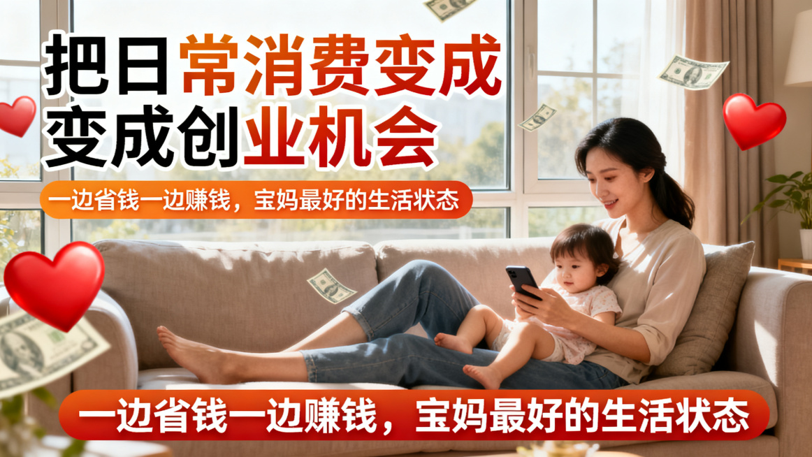 宝妈副业海报，主标题：把日常消费变成创业机会。副标题：一边省钱一边赚钱，宝妈最好的生活状态。温馨落地窗沙发背景，放松宝妈陪娃同时看手机，搭配爱心和钞票元素，主副标题清晰突出，明亮暖调。预览效果