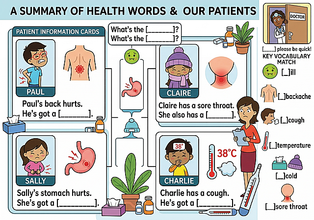 Create a horizontal A4 English summary poster about the illness vocabulary song content from the uploaded image, use a graphic organizer layout, keep all key vocabulary, character and illness information consistent with the original text, leave blank areas for children to complete, add corresponding cute cartoon patient and doctor illustrations to help understand, clear cartoon style, high definition, full size A4 horizontal layout