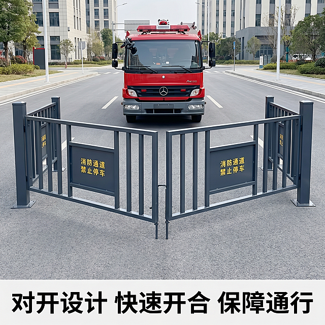 [主图] 对开门式消防拒马完全打开 消防车从中间通过
[氛围风格] 真实户外消防演练场景
[画质] 高清商业摄影，细节清晰真实
[元素] 对开式移动消防拒马栅栏分别向左右完全打开，中间留出充足通道，一辆红色消防车正从中间通道平稳驶出，栅栏保持深灰色金属材质，"消防通道 禁止停车"黄色文字清晰保留，产品结构、颜色、材质与原图完全一致，杜绝变形色差，消防车红色车身完整，不遮挡产品主体。场景在城市主干道消防入口，环境干净整洁。产品主体占比约65%，画面满无边框。
[光影] 白天户外自然光，光线均匀明亮，产品和车身光影自然
[配色] 深灰色栅栏 红色消防车 灰色路面，清晰对比
[视角构图] 正面平视，中景构图，完整展示开门和消防车通过全过程
[文字版式] 底部文案写"对开设计 快速开合 保障通行"，清晰不遮挡产品
[比例分辨率] 1:1比例，2k分辨率，文字清晰超高清
[负向提示词] 变形，水印，文字错乱，产品模糊，背景杂乱，遮挡主体