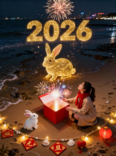 退潮后的浅滩沙滩，沙面摆了几枚红底金纹的小福字摆件，细麻绳拉在沙滩上，绳上挂暖黄串灯（串灯间坠贝壳串成的 “元旦” 挂饰 + 小红灯笼），女生穿燕麦色长款风衣+红色围巾预览效果