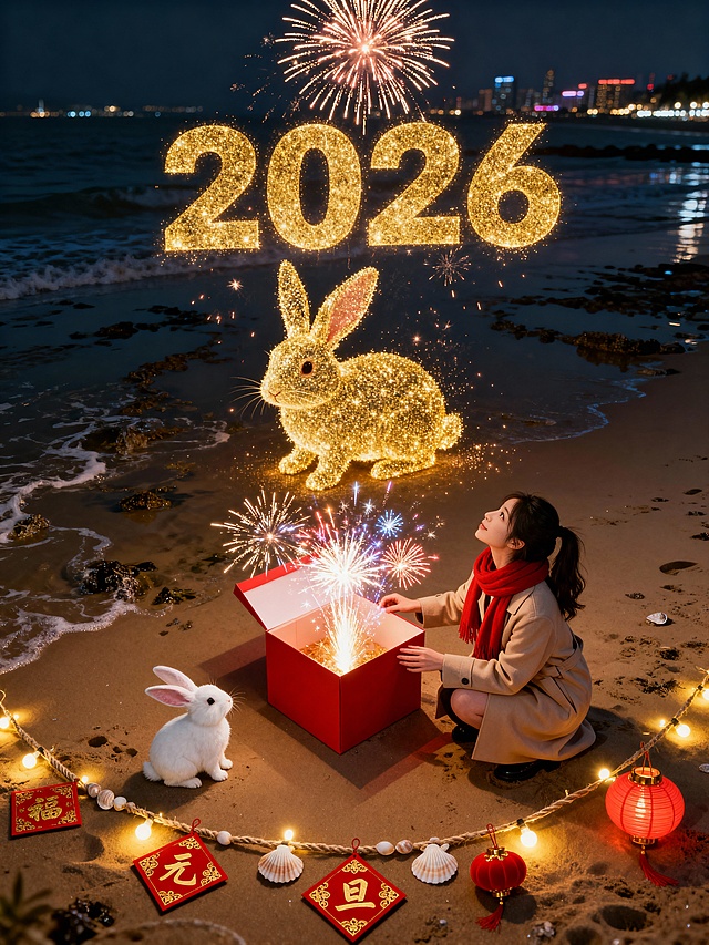 鎏金3D兔与烟花跃现海滩，红盒绽放粒子光效，中式灯笼与福字点缀，喜庆梦幻交织，光影流动中迎2026元旦。