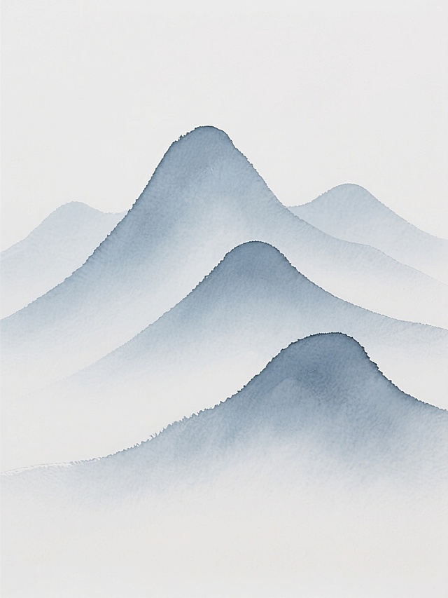 简约现代风格的水墨山峦图案，单一山峦元素规整排布，采用淡雅的蓝灰色调水墨晕染技法，笔触柔和细腻，边缘朦胧渐变，背景为纯白色，山峦造型简洁流畅，呈现出不同的起伏形态和轮廓样式，整体画面空灵静谧，具有东方水墨意境与现代设计感的融合。