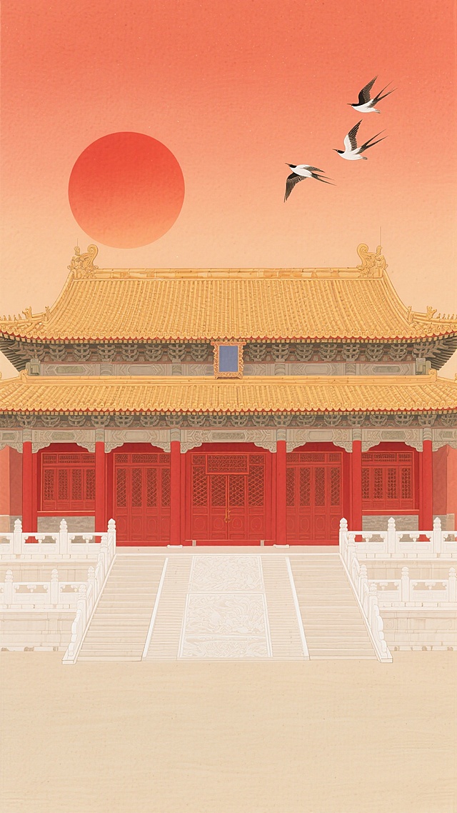 中国古风建筑插画，宏伟的宫殿主体居中，双层歇山顶覆盖金黄琉璃瓦，红色宫墙与朱漆廊柱，屋檐下有斗拱结构，殿前白玉栏杆，背景为渐变的橙红色天空，中央一轮巨大的圆形红日，三只飞鸟呈三角形排列于右上方，整体采用工笔画风格，线条细腻流畅，色彩浓墨重彩，具有传统卷轴画的韵味和层次感，画面简洁大气，突出古建筑的庄重与威严。