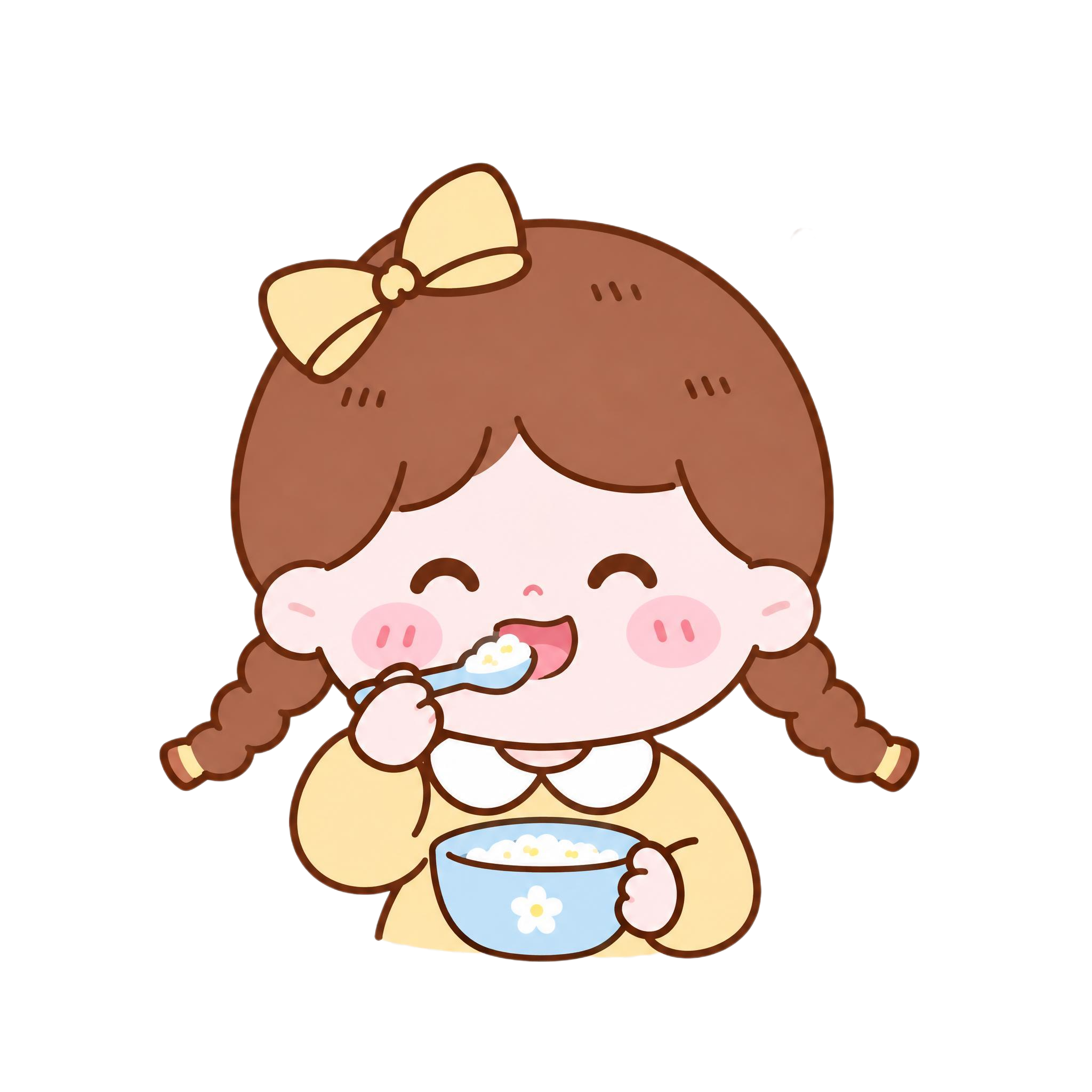 参考图中的卡通小女孩形象：棕色双麻花辫、头顶黄色蝴蝶结、圆圆的… - 图片创意预览