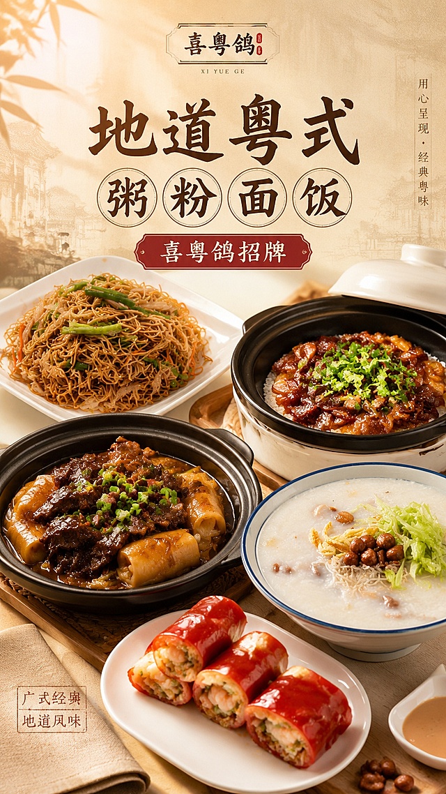 喜粤鸽招牌广式粥粉面饭组合，多款经典粤式主食错落堆叠，将提供的豉油王炒面、腊味煲仔饭、牛腩啫啫猪肠粉、广式艇仔粥、红米肠五张美食图片放入构图，暖调治愈光影，食欲感极强，地道粤式粥粉面饭，餐饮广告海报，高清质感，背景以岭南文化风格浅色底色，竖版构图，文字添加地道粤式粥粉面饭和喜粤鸽招牌