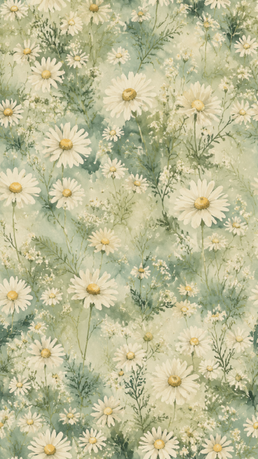 Seamless 4-way repeat watercolor floral pattern, dreamy chamomile motif, on a gradient muted teal an预览效果
