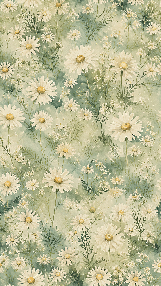Seamless 4-way repeat watercolor floral pattern, dreamy chamomile motif, on a gradient muted teal and sage green watercolor background with soft wet-on-wet wash texture, layered composition with three-tier floral hierarchy: large creamy white chamomile flowers with bright yellow centers as focal blooms, medium-sized chamomile and tiny buds, delicate thin green stems and feathery foliage in varying shades of sage, olive and deep green, soft and blurred edges with no harsh outlines, transparent watercolor wash texture, low saturation Morandi color palette, balanced and flowing natural arrangement, breathable negative space, seamless tileable, suitable for bed linen, curtain fabric and wallcovering, professional textile design, 8K resolution, ultra fine texture details, no bright saturated colors, cartoonish style, sharp edges, clear outlines, busy composition, neon tones, plastic texture, overexposed, harsh contrast, digital rendering, visible tile seams