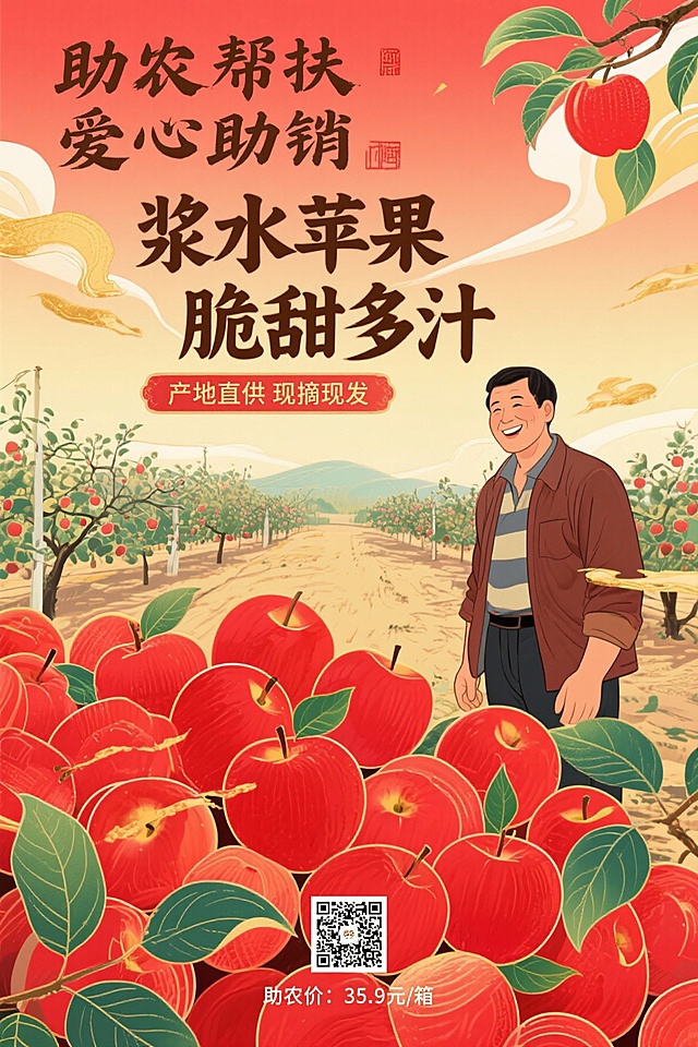 浆水苹果助农海报，竖版，整体风格乡土质朴，背景用河北浆水果园实景图，画面主体是红彤彤的浆水苹果堆，旁边加一位果农微笑的半身像，左上角用毛笔字写“助农帮扶 爱心助销”，中间大字体突出“浆水苹果 脆甜多汁”，下方标注“产地直供 现摘现发”，底部加购买二维码占位框和“助农价：35.9元/箱”，配色以红、黄、棕为主，点缀绿色枝叶元素。生成5张