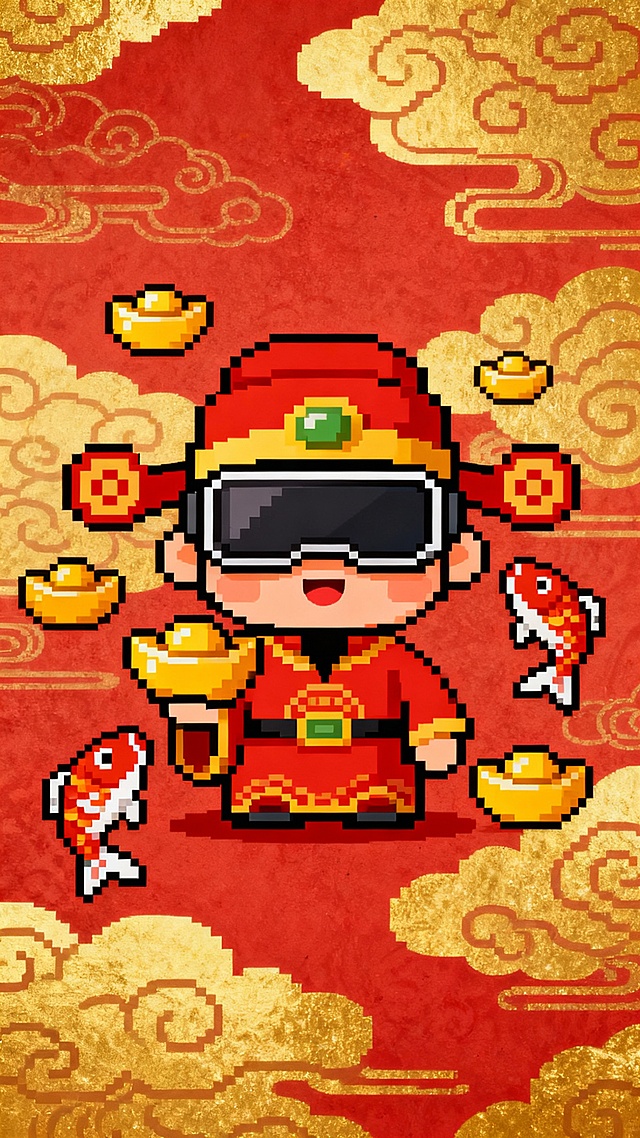 一个扁平化风格的Q版财神，戴着VR眼镜，周围环绕着像素风的金元宝和锦鲤，红色和金色配色，背景有祥云纹理。