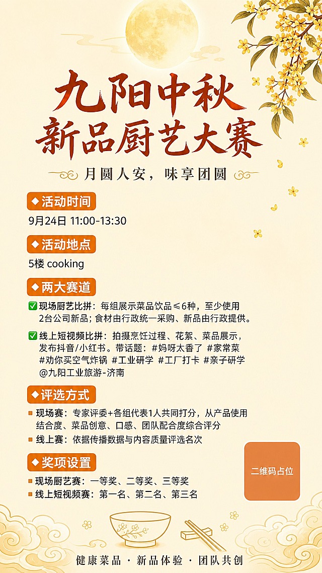 一张竖版中秋活动海报，浅米黄纯色背景，不带深色色块，整体风格温馨雅致，国风中秋氛围。

装饰元素（全部放在文字底层）：右上角一枝金色桂花枝垂落，顶部中央一轮柔和的圆月，底部有淡金色祥云纹样和简笔画碗筷图案点缀。

文字排版（从上到下，每个模块独立分行，留白充足，版式精美）：

【顶部区域】
主标题（红棕色艺术大字，醒目居中）："九阳中秋新品厨艺大赛"
副标题（深灰色小字，居中）："月圆人安，味享团圆"

【信息模块区】
每个模块标签为暖橙色圆角矩形底+白色文字，正文为深灰/黑色常规字体：

模块一：
标签："🔸活动时间"
内容："9月24日 11:00-13:30"

模块二：
标签："🔸活动地点"
内容："5楼 cooking"

模块三：
标签："🔸两大赛道"
内容：
"✅现场厨艺比拼：每组展示菜品饮品≤6种，至少使用2台公司新品；食材由行政统一采购、新品由行政提供。"
"✅线上短视频比拼：拍摄烹饪过程、花絮、菜品展示，发布抖音/小红书。带话题：#妈呀太香了 #家常菜 #劝你买空气炸锅 #工业研学 #工厂打卡 #亲子研学 @九阳工业旅游-济南"

模块四：
标签："🔸评选方式"
内容：
"▫️现场赛：专家评委+各组代表1人共同打分，从产品使用结合度、菜品创意、口感、团队配合度综合评分"
"▫️线上赛：依据传播数据与内容质量评选名次"

模块五：
标签："🔸奖项设置"
内容：
"▪现场厨艺赛：一等奖、二等奖、三等奖"
"▪线上短视频赛：第一名、第二名、第三名"

【底部区域】
底部标语（居中，深灰色）："健康菜品 · 新品体验 · 团队共创"

画面中所有信息区域必须填充完整合理的内容，不得出现空白框、空白占位、横线待填写区域、空列表项、空单元格；确保是完整可用的成品海报而非待填写模板。
画面中所有数字必须精确渲染，不得错位、遗漏或编造。
画面中所有二维码区域使用纯色方块占位符呈现，方块中央标注"二维码占位"文字，严禁生成任何可识别的二维码图案。

画面比例9:16竖版，四周留足安全边距，文字清晰可读，整体色调温暖柔和，中秋节日氛围浓厚。