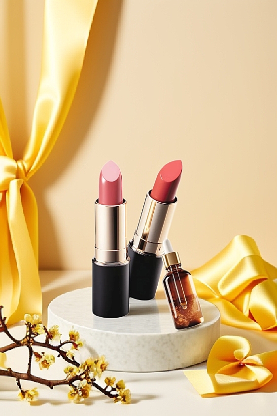 以暖黄为主色调，搭配口红的粉调、瓶身的金棕与花枝的浅黄，营造出温暖、优雅且精致的氛围，尽显美妆品的魅力。