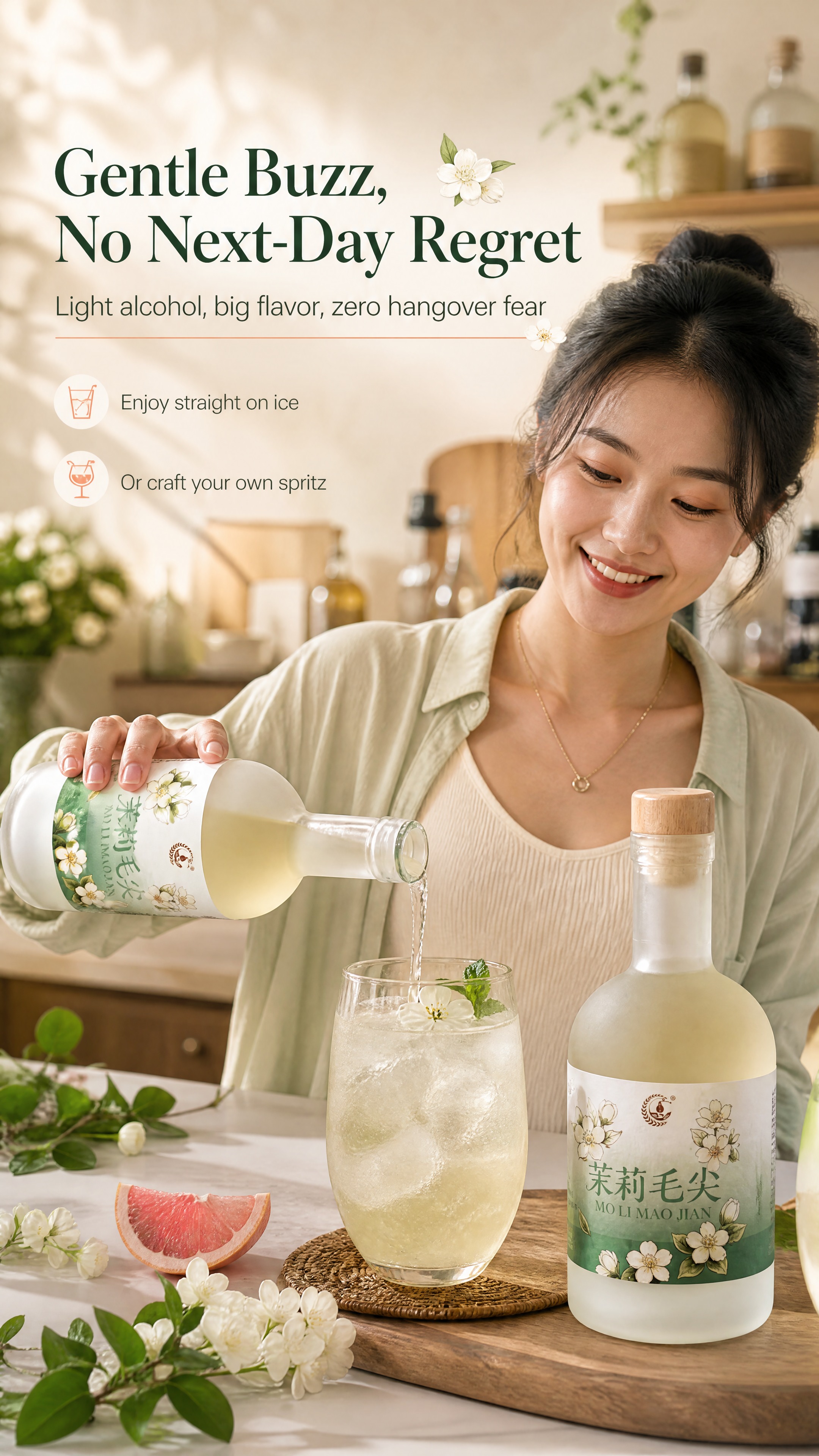 [商品] 使用【图1】茉莉毛尖酒瓶（右款），由亚洲女性手持展示… - 图片创意预览