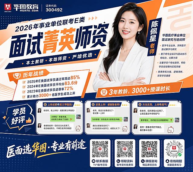 华图医疗事业单位联考E类面试师资介绍竖版海报，画面比例18:16。顶部包含"华图教育"logo与证券代码"300492"，上方标注"2026年事业单位联考E类"，主标题为"面试菁英师资"，副标题为"本土教研・本地师资・严培优选"，中部放置陈佩星老师职业正装肖像照，肖像照旁展示陈佩星老师个人介绍文字，下方配有标签"3年教龄，3000+授课时长"，再往下是历年战绩板块内容，然后放置3张学员好评聊天截图，底部是品牌slogan"医面选华图・专业有前途"，最底部排列4个带标注的功能二维码。要求：潮流几何分割风格，撞色设计（深蓝+浅橙），斜向信息排版，专业亲和气质，符合20-30岁备考青年审美，矢量印刷级画质，所有文字清晰可辨识，高分辨率，商业运营海报质感，不删减任何核心信息，与前四套方案形成版式和色彩显著差异。