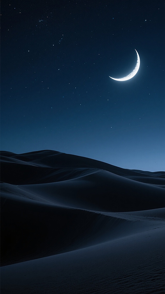 夜空背景下，一轮明亮的弯月高悬于画面右上方，繁星点缀其间，下方是连绵起伏的深色沙丘，整体呈现出静谧、深邃的夜晚氛围，色调以深蓝和黑色为主，光影柔和，营造出宁静而神秘的意境。