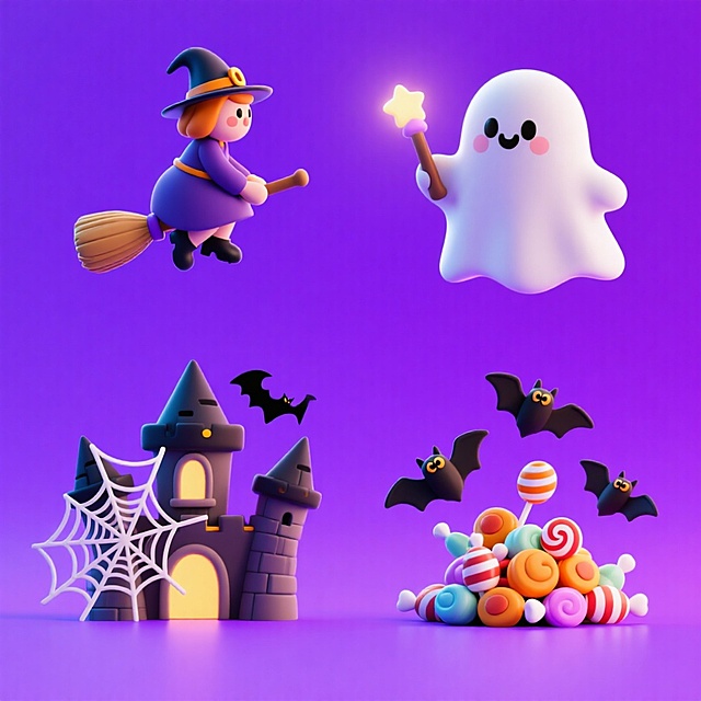 软3D风融合粘土质感，萌趣巫师与幽灵点亮梦幻万圣夜，哥特城堡与糖果堆叠，卡通感十足的节日氛围。