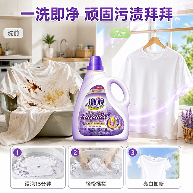 [主图-4] 激浪薰衣草洗衣液洁净效果 前后对比
[氛围风格] 真实家庭场景 洁净前后对比 直观有力
[画质] 商业摄影质感 光线自然 对比鲜明 画面真实
[元素] 画面左右分屏对比结构 左侧为使用前 一件沾有明显污渍的白色T恤放在洗衣盆旁 污渍包括酱油渍 汗渍 油渍 背景为普通家庭洗衣台 右侧为使用后 同一件白色T恤洁白如新 挂在晾衣架上 阳光照射 散发淡淡紫色香气粒子 中间放激浪洗衣液瓶身 作为对比的核心 底部有洗衣过程的小图三步曲 浸泡 搓洗 晾晒 保持洗衣液产品外观与输入产品图绝对一致 杜绝任何变形和色差 精细化处理 产品主体占比约40% 整体场景丰富
[光影] 自然光从上方照射 左右两侧光线一致 右侧洁净区更明亮 突出对比效果 整体明亮通透
[配色] 主色调白色 薰衣草紫 辅色浅木色 对比色污渍棕黄
[视角构图] 平视 左右对比构图 产品在中间作为桥梁 前中后景有层次
[文字版式] 顶部居中大标题"一洗即净 顽固污渍拜拜" 紫色粗体最大号 左侧上方小字"洗前" 灰色 右侧上方小字"洗后" 绿色 底部三步曲每步下方配文字 "浸泡15分钟" "轻松揉搓" "亮白如新" 深灰色 现代无衬线字体 文字均放在负空间 不遮挡主体
[输出要求] 1:1比例 文字清晰锐利 超高清商业摄影质感
[负向提示词] 变形 文字错乱 产品模糊 背景杂乱 水印 电商平台Logo
