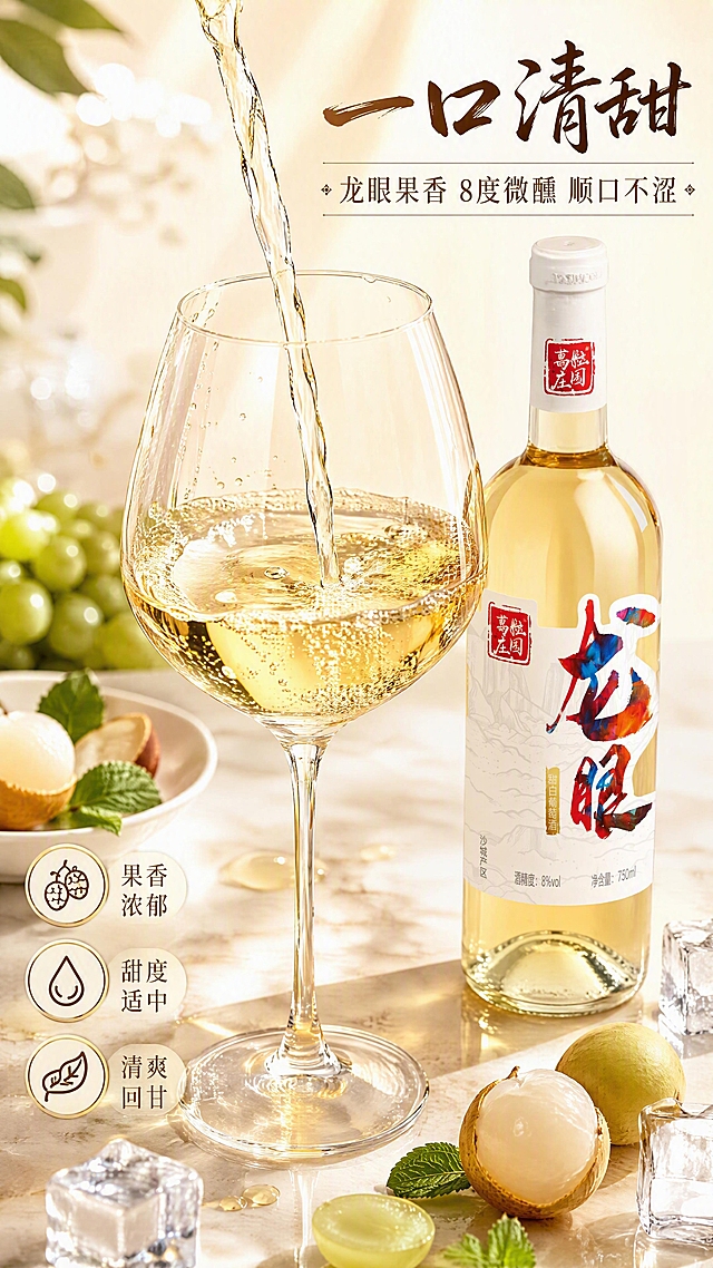 [第3张] 详情页口感质地页-龙眼甜白酒液质感与风味特写。本张使用【图2】作为商品主体辅助展示。
[氛围/风格] 清透高级质感，微距特写，突出酒液的纯净与果香，商业摄影质感。
[元素布局] 画面中央偏上为倒入高脚杯中的金黄色酒液，酒液沿杯壁流下形成优美弧线，杯口有细微气泡；杯旁放置龙眼甜白葡萄酒瓶（与输入产品图一致），占比约30%；周围点缀新鲜龙眼果肉、葡萄切片、薄荷叶、冰块；桌面有几滴酒液反光。
[光影质感] 侧逆光打亮酒液，呈现通透金黄色泽，杯壁有高光条带，冰块有冷调反光，整体层次丰富。
[配色色系] 全局底色 #FFF9E6 浅米黄；主色酒液金黄 #F5D76E；辅助色玻璃透明感、绿叶翠绿、果肉奶白。
[视角构图] 45°斜侧俯视，酒杯为视觉中心，酒瓶在侧后方作呼应，阅读动线从酒杯 → 酒瓶 → 底部文案。
[文字版式] 右上标题区，主标题「一口清甜」书法体；副标题「龙眼果香 8度微醺 顺口不涩」；左下三个圆形卖点图标：「果香浓郁」「甜度适中」「清爽回甘」；字色深棕+金色，与全套统一。
[比例分辨率] 9:16 竖版比例，4K分辨率，文字清晰可辨，高清画质。
[负向提示词] 酒瓶变形，酒液颜色偏差，水印，文字过小，玻璃质感虚假，杯身扭曲。