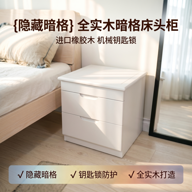 将图片中的床头柜改为纯白色，去除木纹纹理，同时将床头和地板调整为和纯白色床头柜搭配协调的浅原木浅色，保持所有文字内容、构图布局、光影、枕头床单等其他元素完全不变，只修改颜色搭配，保证整体干净协调，产品预览效果