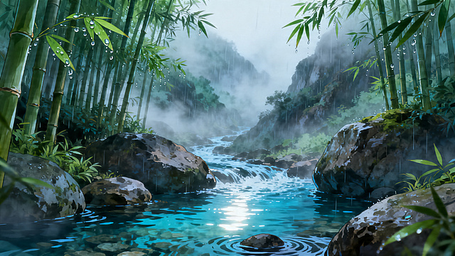 雾雨过后的山谷溪流风景图，宫崎骏漫画风格，空气清新湿润，薄雾缭绕，溪水蜿蜒流过岩石，两侧竹林青翠，整体氛围宁静治愈，横向构图