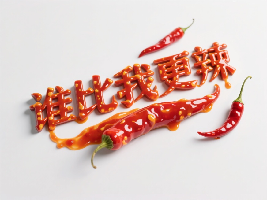 主体为辣椒酱的立体字“谁比我更辣”表面都是辣椒酱，背景为白色预览效果