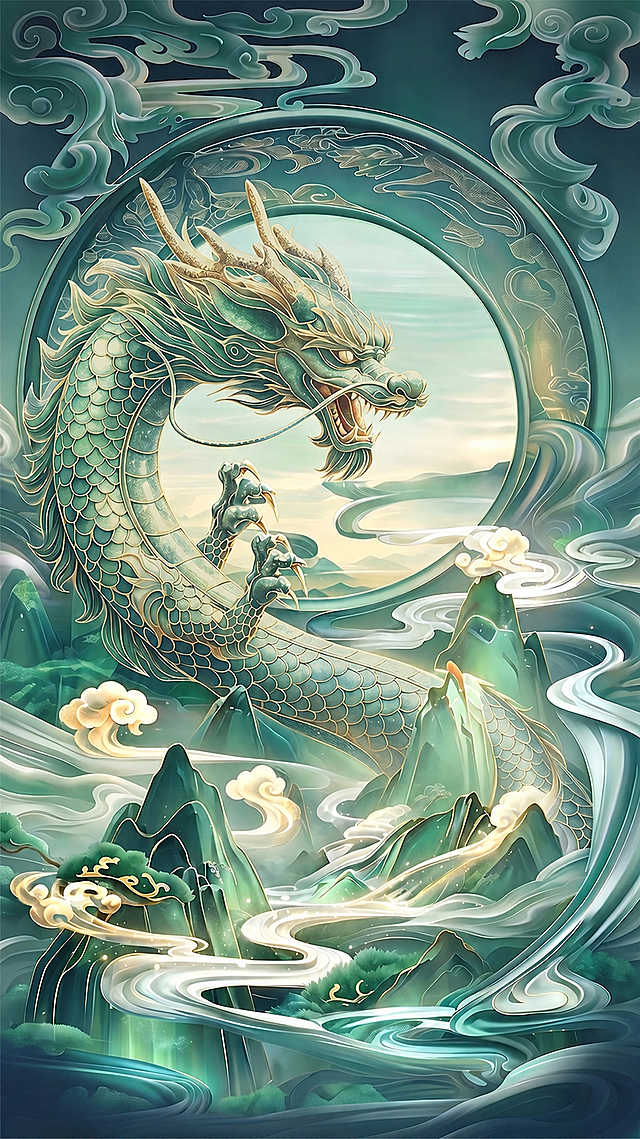 修改这张图中的龙，调整龙的颜色和线条，让它和整体国潮山水云纹背景更融合，不要显得突兀，保留整体构图和国潮风格不变