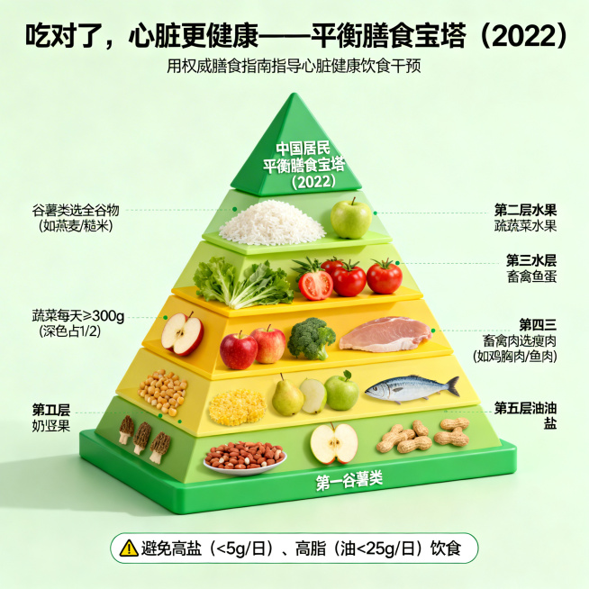 健康饮食科普图，标题为「吃对了，心脏更健康——平衡膳食宝塔（2022）」。图片主题：用权威膳食指南指导心脏健康饮食干预。画面主体是中国居民平衡膳食宝塔（2022），分为五层，标注各层食物和推荐摄入量：预览效果