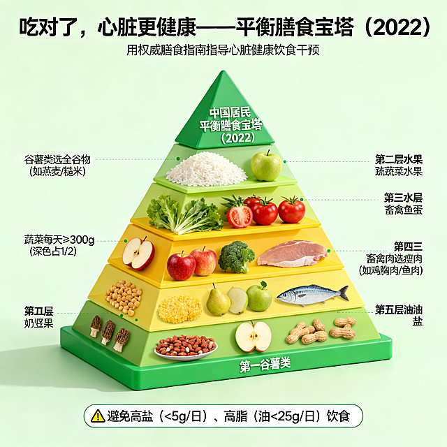 健康饮食科普图，标题为「吃对了，心脏更健康——平衡膳食宝塔（2022）」。图片主题：用权威膳食指南指导心脏健康饮食干预。画面主体是中国居民平衡膳食宝塔（2022），分为五层，标注各层食物和推荐摄入量：第一层谷薯类、第二层蔬菜水果、第三层畜禽鱼蛋、第四层奶豆坚果、第五层油盐。每层添加对应小贴士：第一层标注"谷薯类选全谷物（如燕麦/糙米）"，第二层标注"蔬菜每天≥300g（深色占1/2）"，第三层标注"畜禽肉选瘦肉（如鸡胸肉/鱼肉）"。画面底部添加警示框，标注文字"避免高盐（<5g/日）、高脂（油<25g/日）饮食"。设计风格：清新绿色、黄色为主色调，每层使用对应食物的实物图标（米饭、苹果、鱼等）代替纯文字，增强可读性；宝塔为立体分层结构，突出食物多样的健康饮食理念。