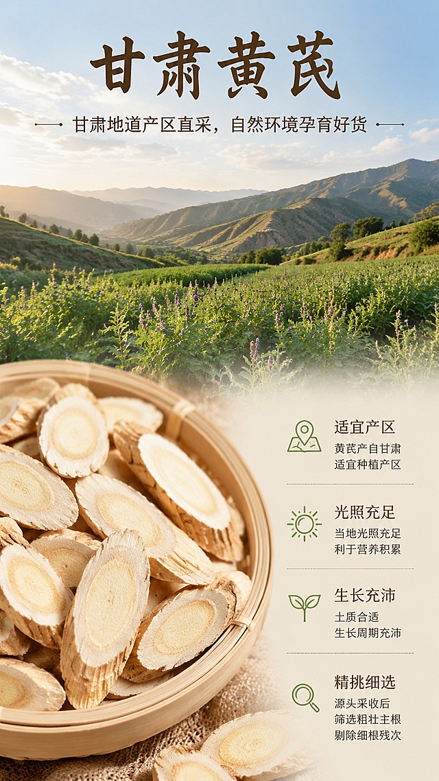 「图片1」，生成详情页，商品黄芪电商详情页全套文案（适配抖店/拼多多，规避医疗功效宣传，主打食补干货品质，分模块可直接配图套用）
 
板块1：首屏主视觉（搭配图里切片标注实拍图）
 
标题：甄选甘肃黄芪大片 金盏银盘品质看得见
 
副标题：主根斜切用料扎实，日常泡水、煲汤食补优选
正文：挑选黄芪优先看切面品相！本品取用黄芪粗壮主根切片，断面金盏、银盘、菊花心、生长年轮纹路清晰分明，是品相上乘的干货原料，拒绝碎渣边角料、干瘪薄片，食补用料更实在。
 
板块2：产地溯源板块（信任背书）
 
小标题：甘肃地道产区直采，自然环境孕育好货
 
正文：黄芪产自甘肃适宜种植产区，当地光照充足、土质合适，黄芪生长周期充沛，营养积淀充足。源头采收后筛选粗壮主根，剔除细根、残次原料，从产地把控基础品质，不靠通货次品压低成本。
 
板块3：工艺安全板块（解决硫磺熏制痛点）
 
小标题：无硫自然风干，保留草本原生风味
 
正文：采用自然光晾晒脱水，不做硫磺熏蒸、无额外漂白提亮。切面呈现天然浅黄本色，凑近能闻到清淡草本香气，没有刺鼻酸味；干度把控到位，长期存放不易受潮发霉，日常食补食用更安心。
 
板块4：品相细节板块（沿用图中标注做图文解说）
 
小标题：切面逐项拆解，看懂优质黄芪判定标准
 
1. 主根切片：只用粗壮主干裁切，不用细须根，肉质厚实耐冲泡，有效物质析出表现更好
2. 菊花心：切面中心纹理细密蓬松，是成熟黄芪的典型品相特征
3. 金盏&银盘：外圈黄褐色皮层、内里浅黄肉质分界清晰，原料成熟度佳
4. 生长年轮：纹路层次分明，代表黄芪生长时长充足，品质优于速成通货
 
板块5：多样食用场景板块（种草用法）
 
小标题：吃法百搭，融入日常食补习惯
 
1. 日常泡水：取2–3片沸水焖泡，可反复续水，适配上班、居家补水时刻
2. 煲汤炖煮：炖鸡汤、排骨汤时加入数片，给家常汤品增添草本风味
3. 茶饮搭配：可搭配枸杞、红枣一同冲泡，丰富口感
小贴士：食补为日常膳食调养，不可替代药品
 
板块6：囤货包装&售后板块（打消下单顾虑）
 
小标题：密封分装锁鲜，售后购物有保障
 
正文：干货做密封分装处理，隔绝潮气、灰尘，延缓香气散失，居家收纳省心；严筛剔除碎片坏料，做到足斤足量。若遇到受潮、碎料过多等品质问题，可按平台规则申请售后，购物无需担忧。
 
板块7：选购避坑小贴士（拉高专业信任感）
 
1. 劣质硫磺黄芪：切面惨白刺眼，凑近有酸涩刺鼻异味，长期食用不推荐
2. 边角碎料黄芪：多为细根裁切，肉质单薄，冲泡出味速度慢
3. 存放方式：置于阴凉干燥位置保存，高温潮湿环境建议封口冷藏，降低返潮概率
 
AI配图即梦提示词（适配各板块、单张独立不拼图）
 
1. 首屏：900×1200详情尺寸，白瓷盘盛放黄芪斜切片，米色简约背景，切面金盏银盘文字引线标注，柔和自然光，国风干货排版，单张独立不拼图，写实食品商业拍摄
2. 产地板块：900×1200详情画幅，黄芪原料搭配西北山野远景，质朴暖柔光，产地介绍文案整齐排布，单张独立不拼图
3. 工艺板块：900×1200详情画幅，左右分放无硫黄芪、硫磺货做品相对比，浅素雅背景，科普文字排版规整，单张独立不拼图
4. 场景板块：900×1200详情画幅，分三个画面展示黄芪泡水、炖汤、组合茶饮居家实景，柔和居家光影，种草文案醒目，单张独立不拼图
 
上架合规提醒
 
全程不标注治病、调理病症相关话术，只做食材品相、膳食食补场景描述，避开平台违规限流；AI分批次单独生成每张详情图，参考图相似度调40%-50%，杜绝拼图问题。名称为xxx，适配淘宝/天猫平台，单图比例为9:16，需求屏数为8张。