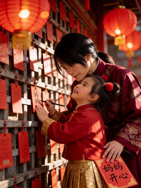 【特写·手部】
一只成年女性的手，指节微凉，指甲修剪得干净圆润，正轻轻压住一张红底烫金祈福牌的右下角；另一只小手覆在上面——肉乎乎的指头还带着奶膘，指甲盖泛着粉光，正笨拙却认真地捏着一支细毛笔，一笔一预览效果